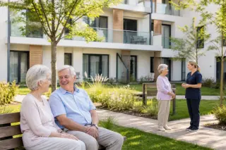Résidence senior moderne avec un jardin arboré, deux seniors discutant sur un banc et une aide-soignante échangeant avec une résidente à proximité