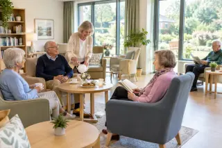 Sunny, inviting common room in a senior residence with elderly people chatting and relaxing in a cozy, comfortable setting.